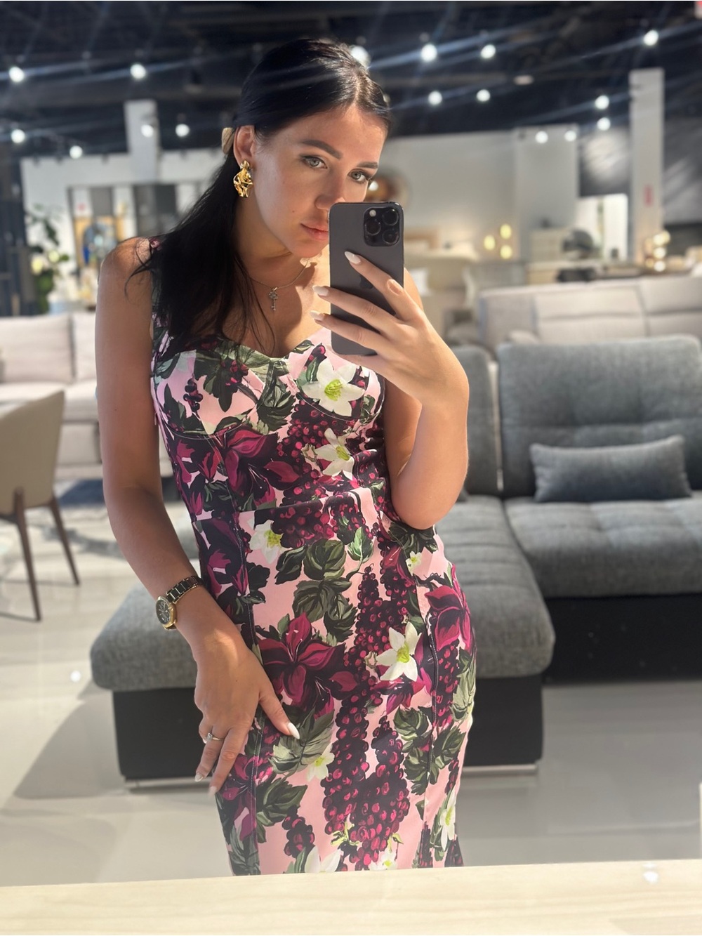Zara Pink Floral Midi Dress with Green Leaf Print
